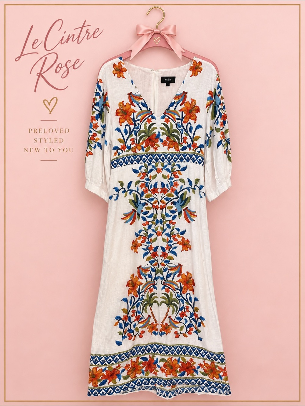 MSK White Midi Dress with Orange & Blue Floral Embroidery